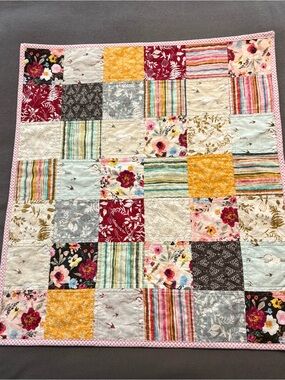 Newly Handmade Patchwork Floral & Stripe Quilt - Pink, Gold, Red, Cream